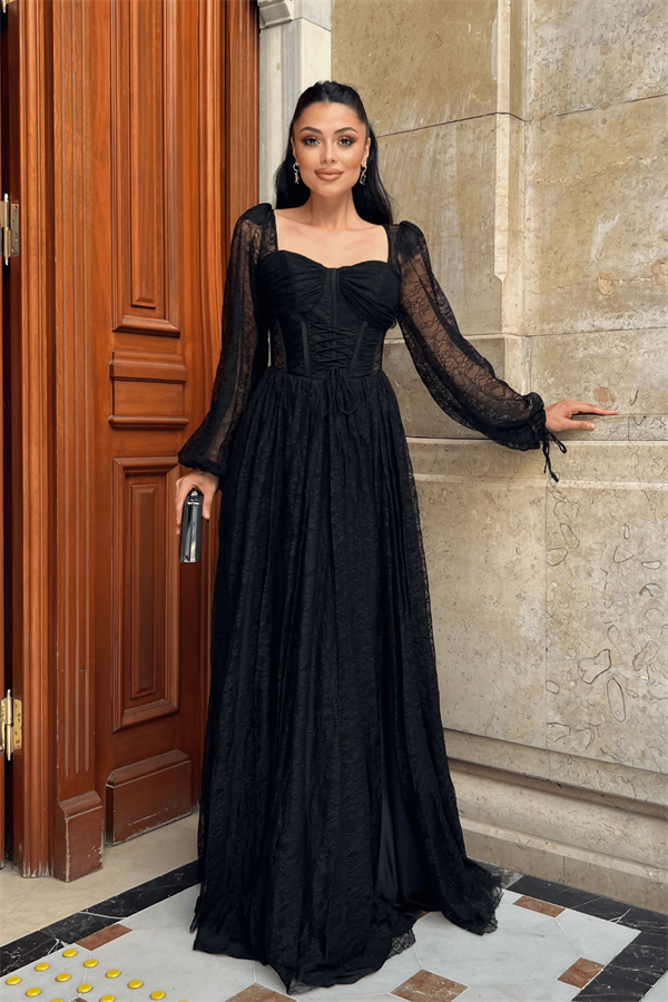 Dantel Kumaş Balen Detaylı Abiye Elbise - SİYAH