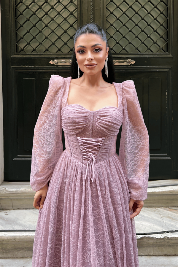 Dantel Kumaş Balen Detaylı Abiye Elbise - PUDRA