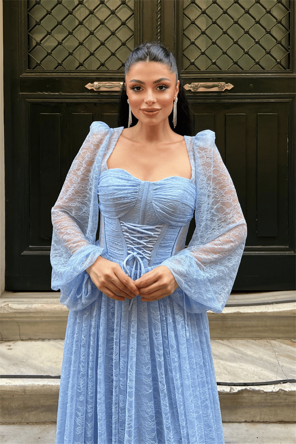 Dantel Kumaş Balen Detaylı Abiye Elbise - BEBE MAVİSİ