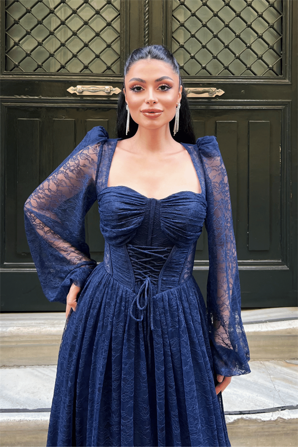 Dantel Kumaş Balen Detaylı Abiye Elbise - LACİVERT