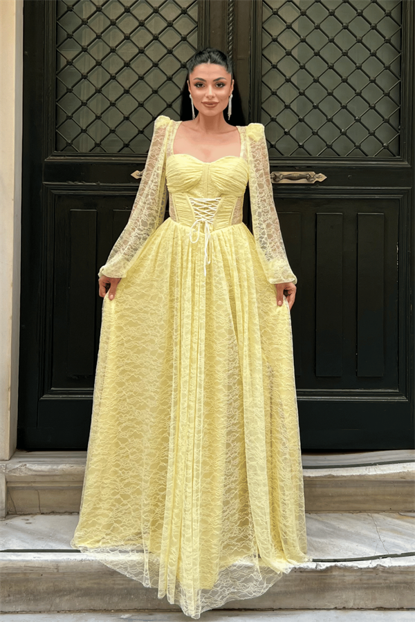 Dantel Kumaş Balen Detaylı Abiye Elbise - SARI