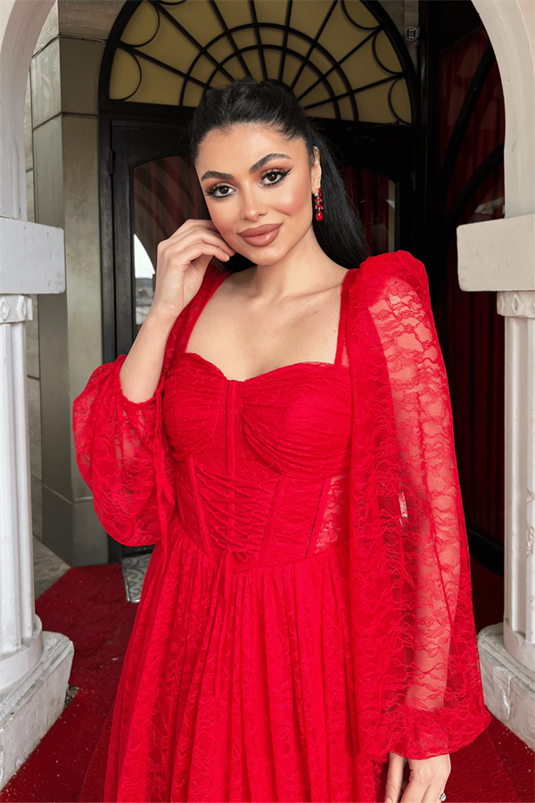 Dantel Kumaş Balen Detaylı Abiye Elbise - KIRMIZI