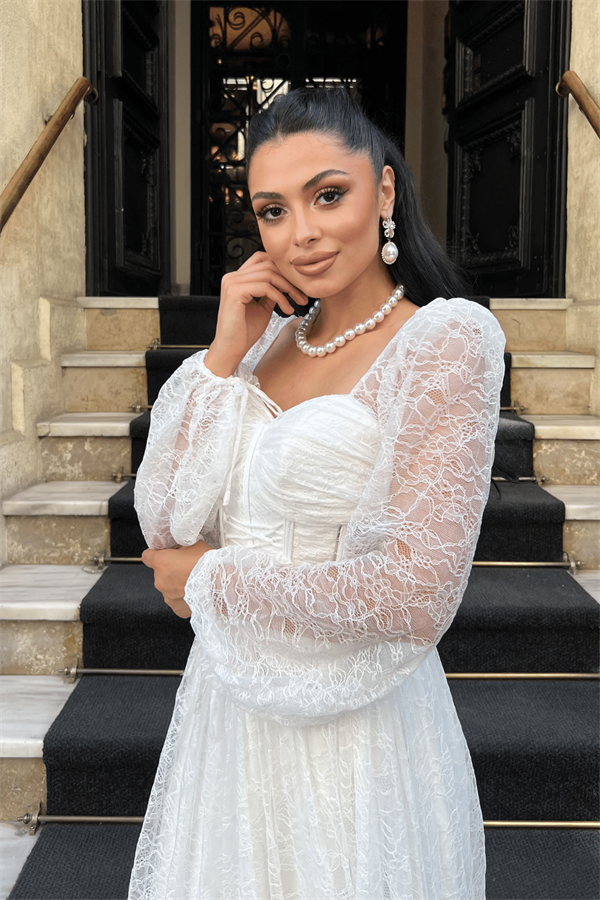 Dantel Kumaş Balen Detaylı Abiye Elbise - BEYAZ