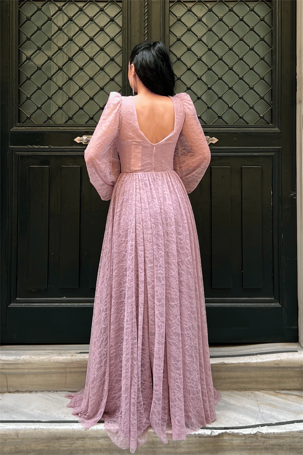 Dantel Kumaş Balen Detaylı Abiye Elbise - PUDRA