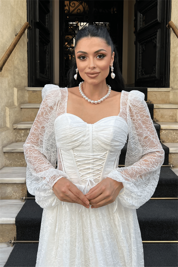 Dantel Kumaş Balen Detaylı Abiye Elbise - BEYAZ