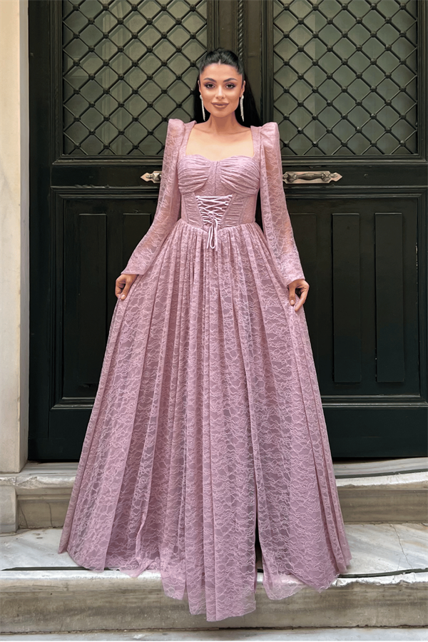 Dantel Kumaş Balen Detaylı Abiye Elbise - PUDRA