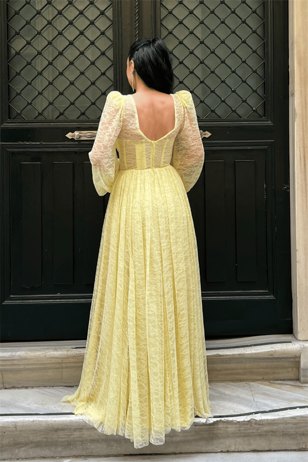 Dantel Kumaş Balen Detaylı Abiye Elbise - SARI