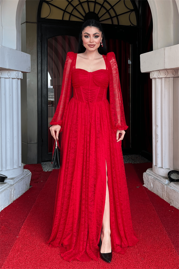 Dantel Kumaş Balen Detaylı Abiye Elbise - KIRMIZI