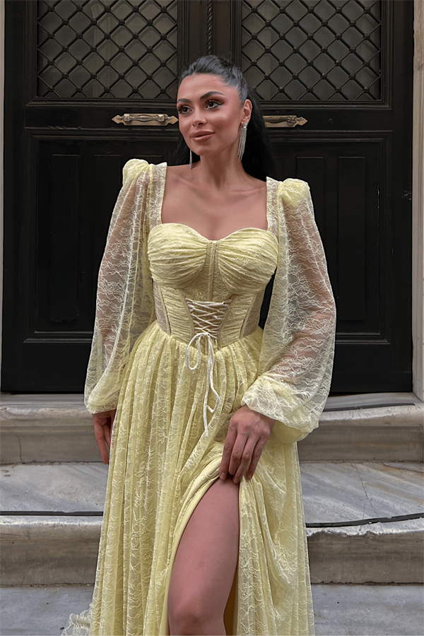 Dantel Kumaş Balen Detaylı Abiye Elbise - SARI