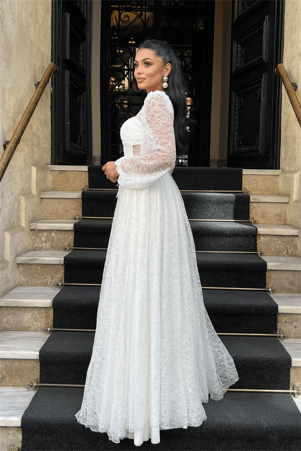 Dantel Kumaş Balen Detaylı Abiye Elbise - BEYAZ