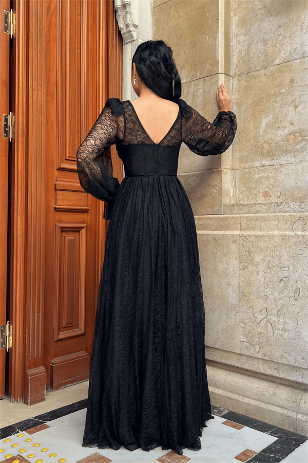 Dantel Kumaş Balen Detaylı Abiye Elbise - SİYAH