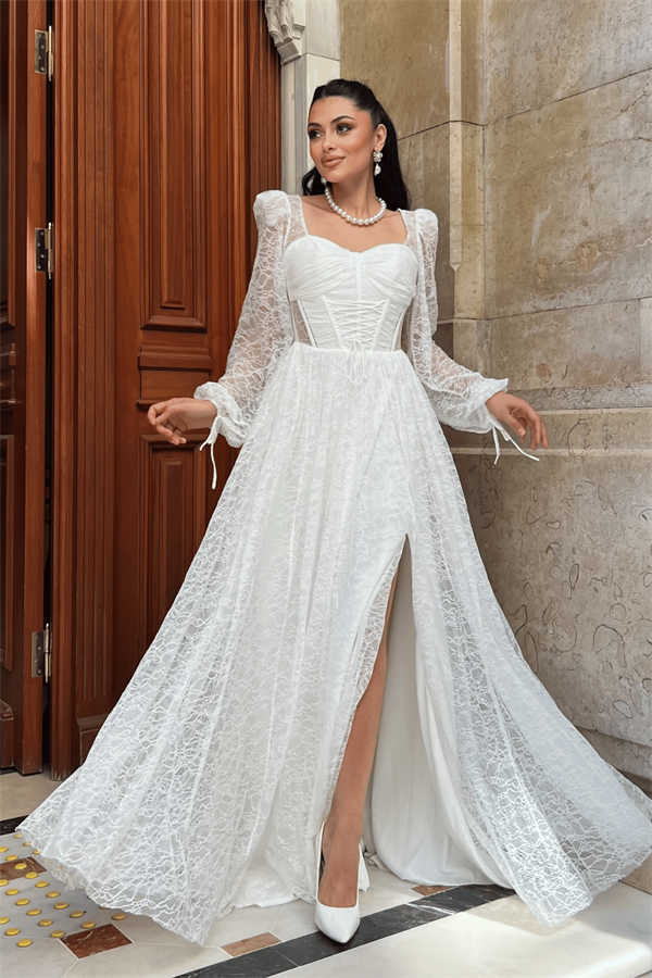 Dantel Kumaş Balen Detaylı Abiye Elbise - BEYAZ