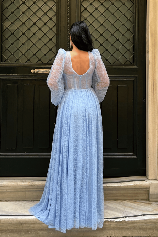 Dantel Kumaş Balen Detaylı Abiye Elbise - BEBE MAVİSİ