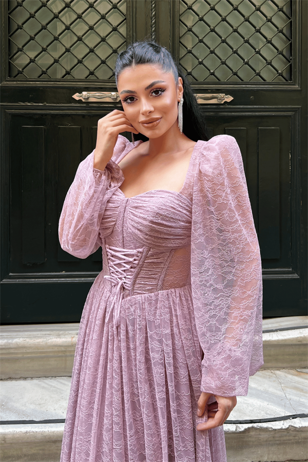 Dantel Kumaş Balen Detaylı Abiye Elbise - PUDRA