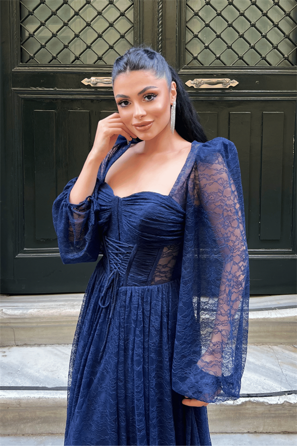 Dantel Kumaş Balen Detaylı Abiye Elbise - LACİVERT
