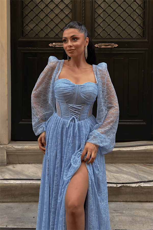 Dantel Kumaş Balen Detaylı Abiye Elbise - BEBE MAVİSİ