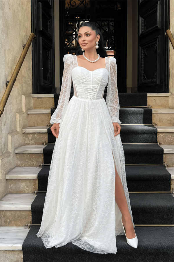 Dantel Kumaş Balen Detaylı Abiye Elbise - BEYAZ