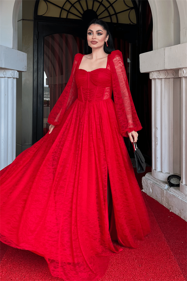 Dantel Kumaş Balen Detaylı Abiye Elbise - KIRMIZI