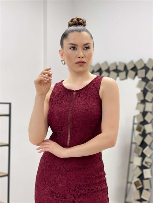 Lace Fabric  Waist Ornament Dress - Claret Red