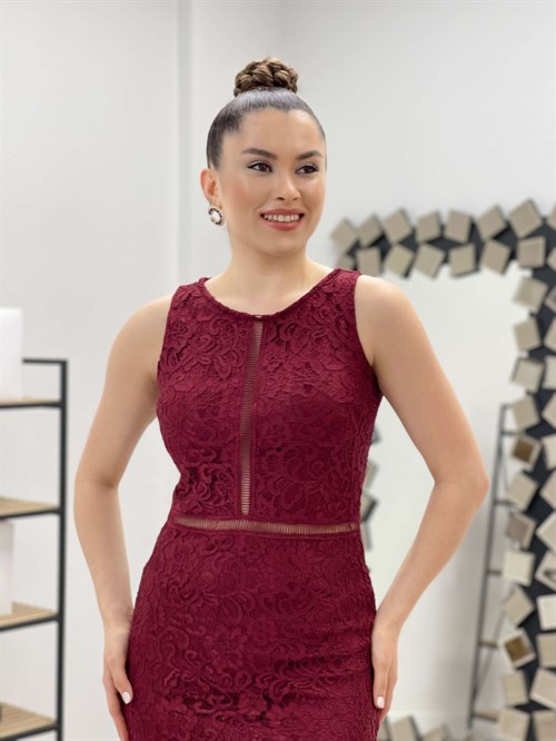 Lace Fabric  Waist Ornament Dress - Claret Red