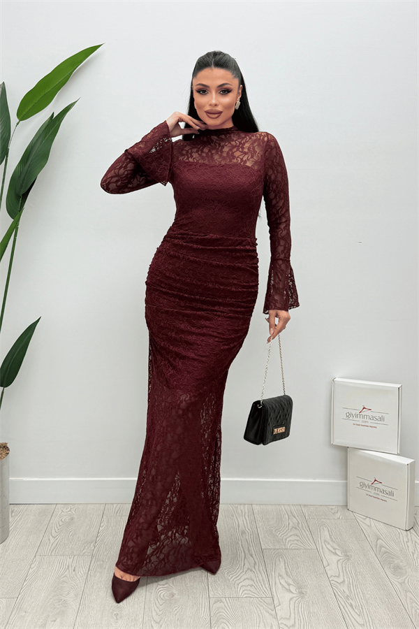 Dantel  Kumaş  Büzgü Detaylı Elbise - BORDO