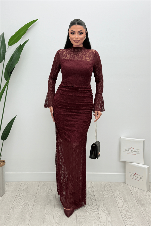 Dantel  Kumaş  Büzgü Detaylı Elbise - BORDO