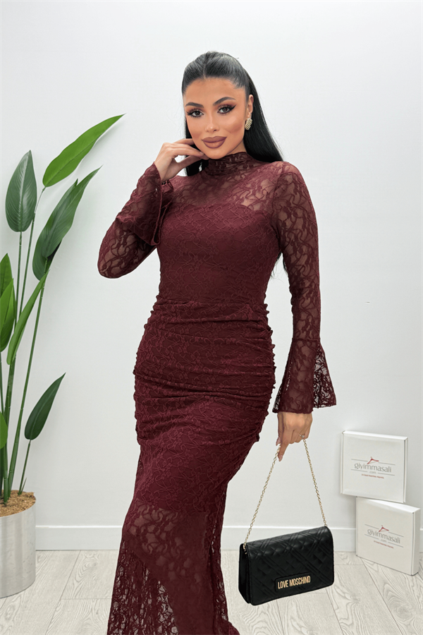 Dantel  Kumaş  Büzgü Detaylı Elbise - BORDO
