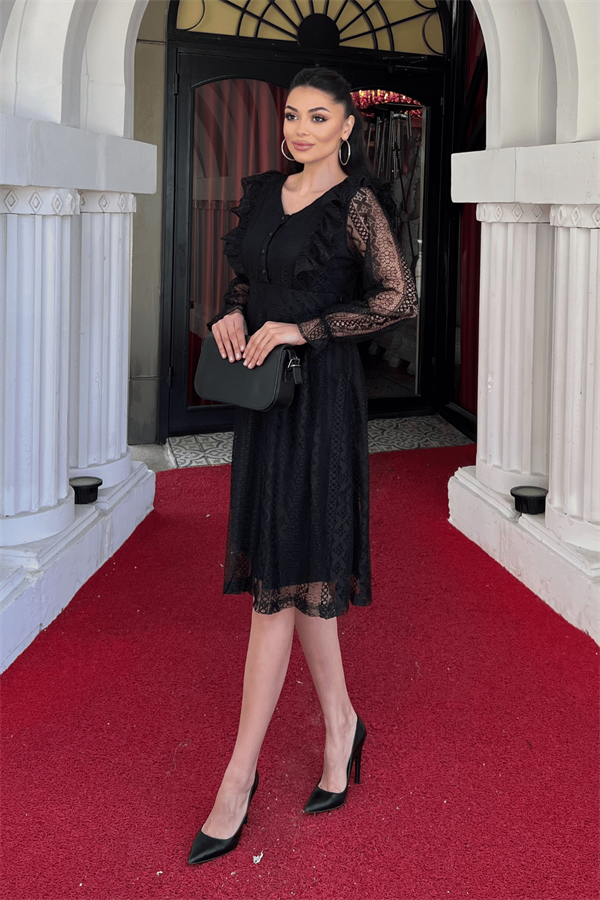 Dantel Kumaş Düğme Detaylı Elbise - SİYAH