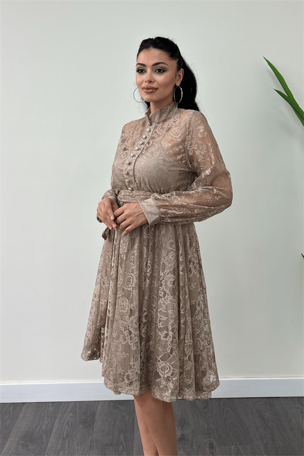 Dantel Kumaş Düğme Detaylı Mini Elbise - KREM