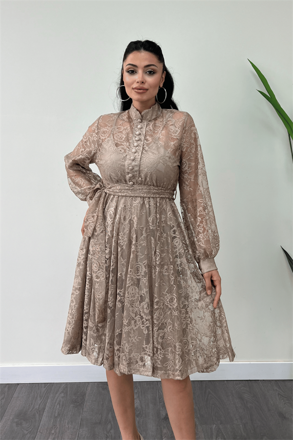 Dantel Kumaş Düğme Detaylı Mini Elbise - KREM