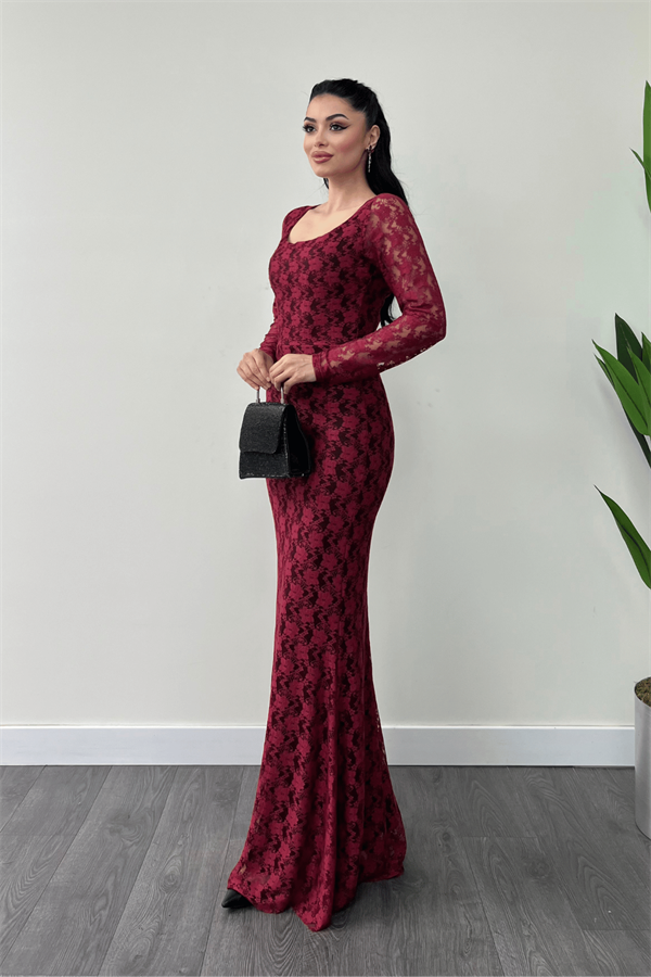 Dantel Kumaş Kare Yaka Balık Elbise - BORDO