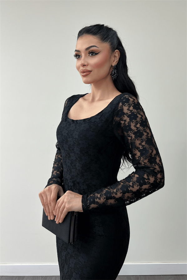 Dantel Kumaş Kare Yaka Balık Elbise - SİYAH