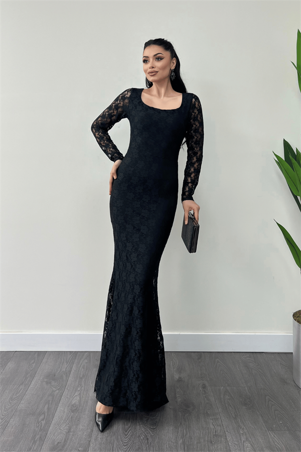 Dantel Kumaş Kare Yaka Balık Elbise - SİYAH