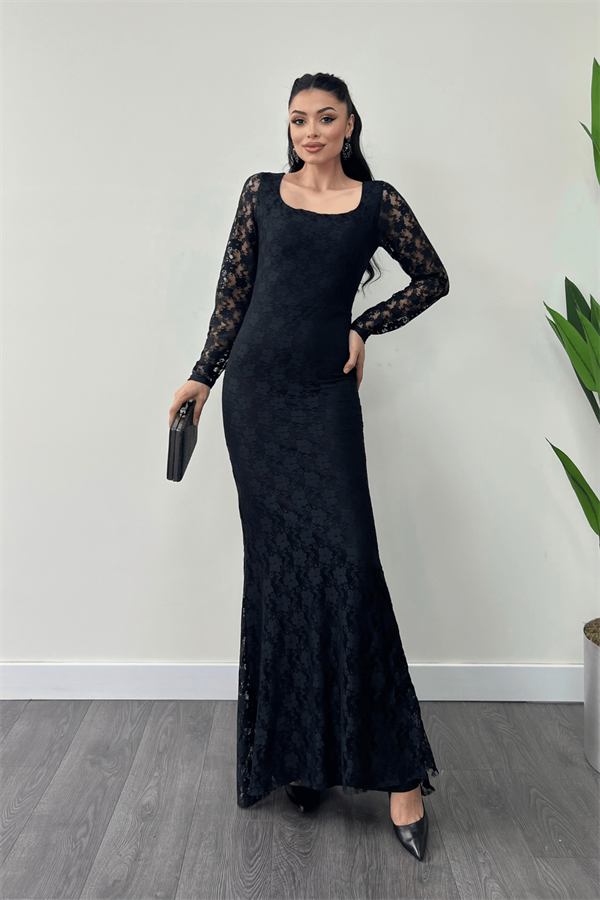 Dantel Kumaş Kare Yaka Balık Elbise - SİYAH