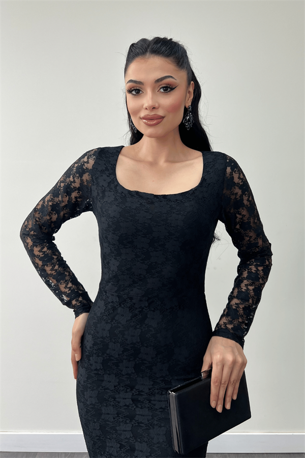 Dantel Kumaş Kare Yaka Balık Elbise - SİYAH