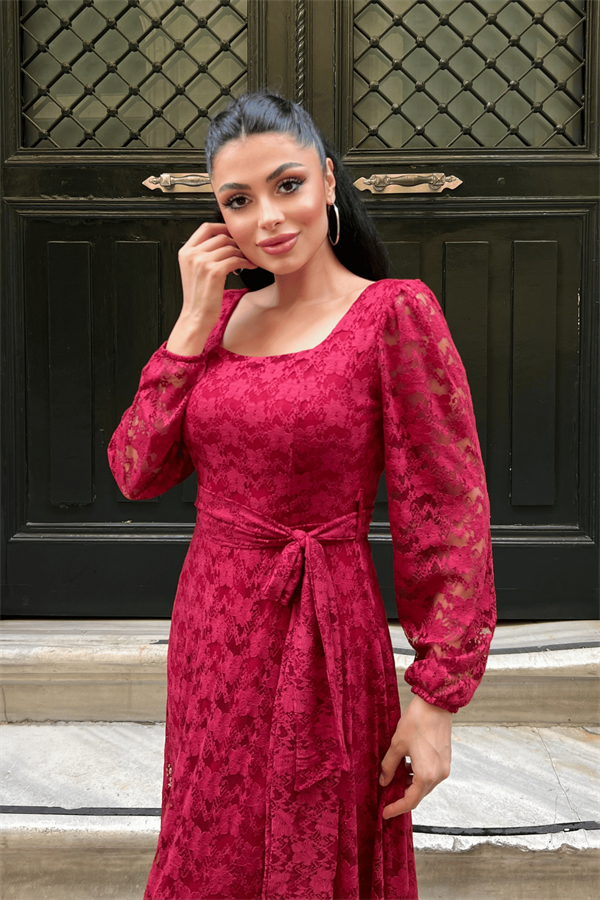 Dantel Kumaş Kare Yaka Elbise - KIRMIZI