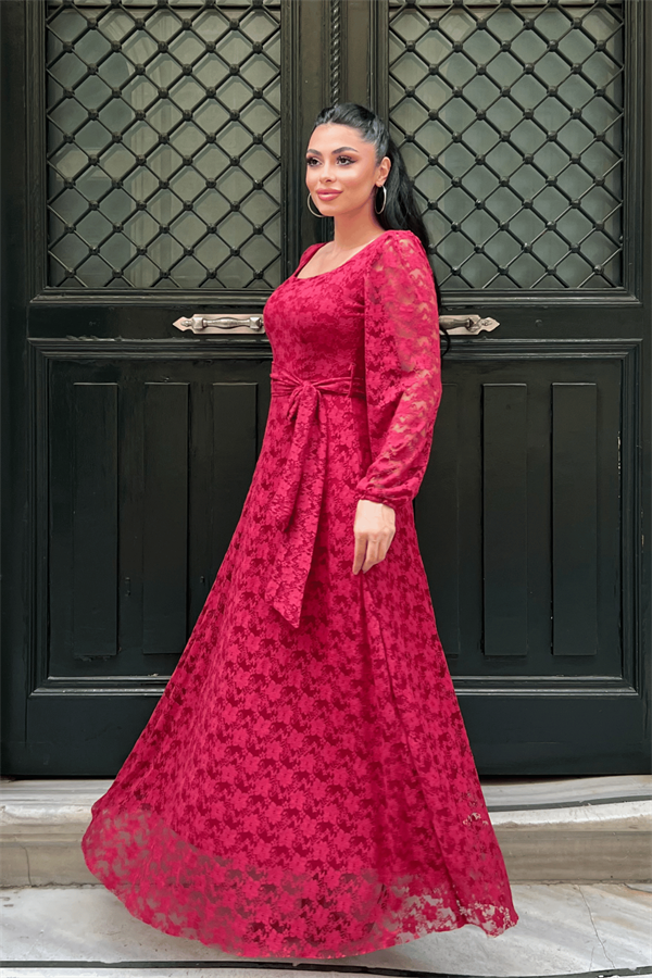 Dantel Kumaş Kare Yaka Elbise - KIRMIZI