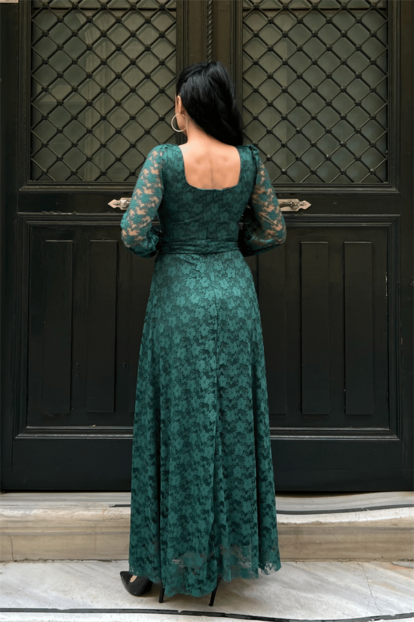 Dantel Kumaş Kare Yaka Elbise - ZÜMRÜT YEŞİL