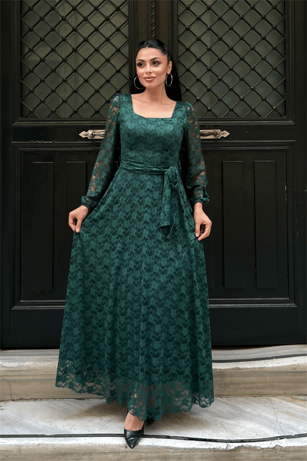 Dantel Kumaş Kare Yaka Elbise - ZÜMRÜT YEŞİL