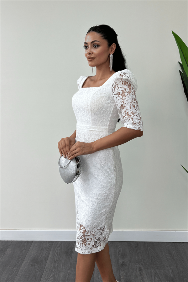 Dantel Kumaş Kare Yaka Kalem Abiye Elbise - BEYAZ