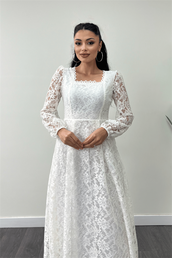 Dantel Kumaş Kare Yaka Midi Elbise Elbise - BEYAZ