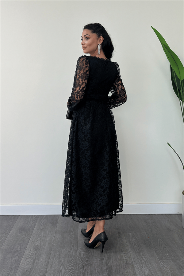 Dantel Kumaş Kare Yaka Midi Elbise Elbise - SİYAH