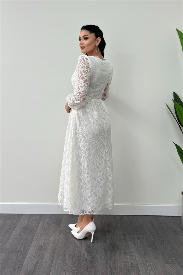 Dantel Kumaş Kare Yaka Midi Elbise Elbise - BEYAZ