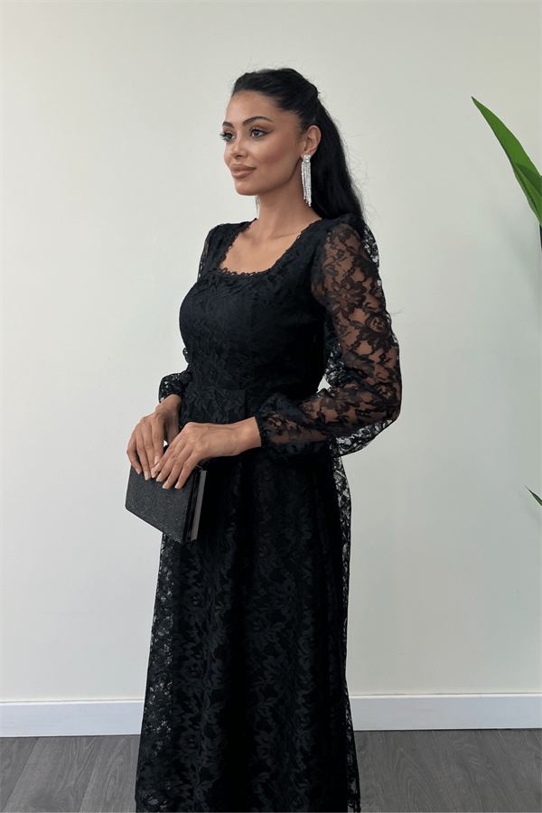 Dantel Kumaş Kare Yaka Midi Elbise Elbise - SİYAH