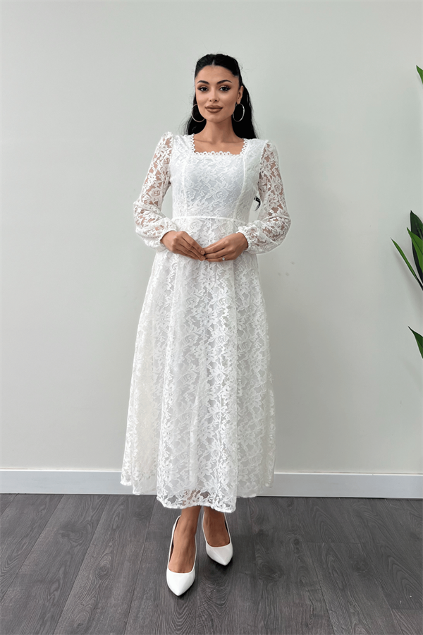 Dantel Kumaş Kare Yaka Midi Elbise Elbise - BEYAZ