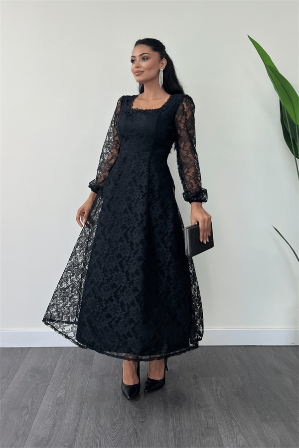 Dantel Kumaş Kare Yaka Midi Elbise Elbise - SİYAH