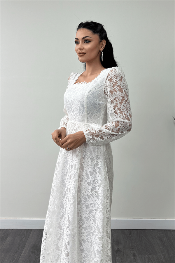 Dantel Kumaş Kare Yaka Midi Elbise Elbise - BEYAZ