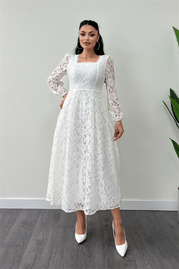 Dantel Kumaş Kare Yaka Midi Elbise Elbise - BEYAZ