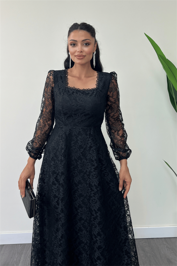 Dantel Kumaş Kare Yaka Midi Elbise Elbise - SİYAH