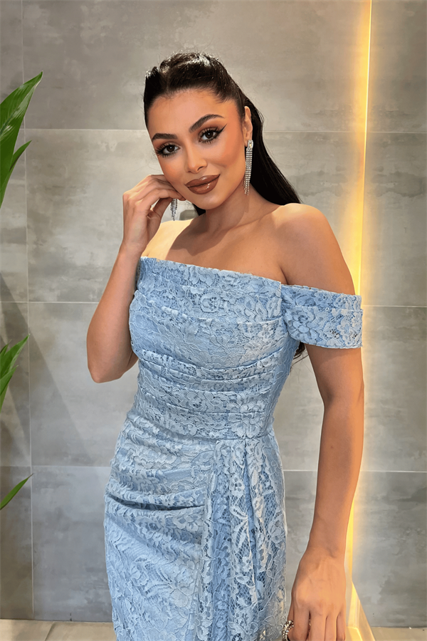 Dantel Kumaş Kayık Yaka Elbise - BEBE MAVİSİ